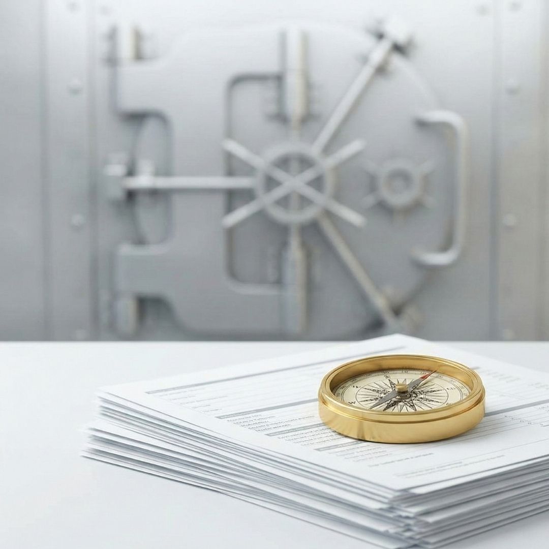 Gold compass on financial documents with a bank vault background.