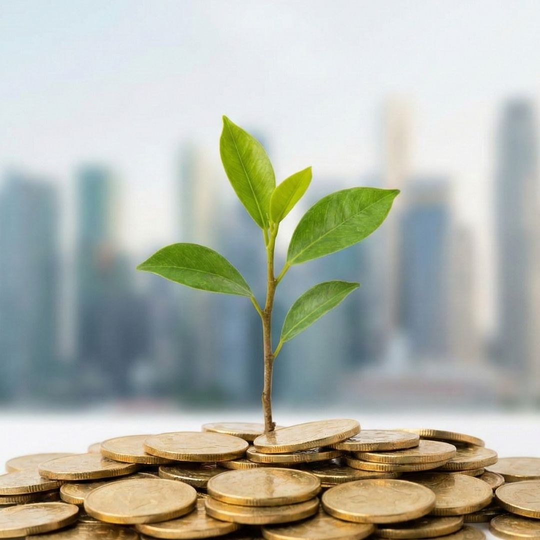 Small green sapling growing from a pile of gold coins against a city skyline.