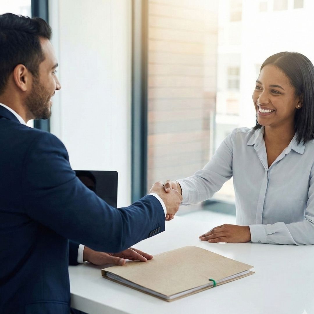Financial advisor shaking hands with a happy client in a bright office.