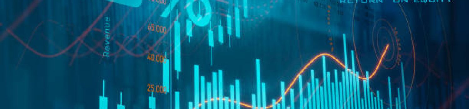 Bar graph moving up. Positive bar chart in blue, rising line in orange. Business, financial figures, revenue, cash flow, analyzing, growth, stock market and exchange. Abstract financial concept.