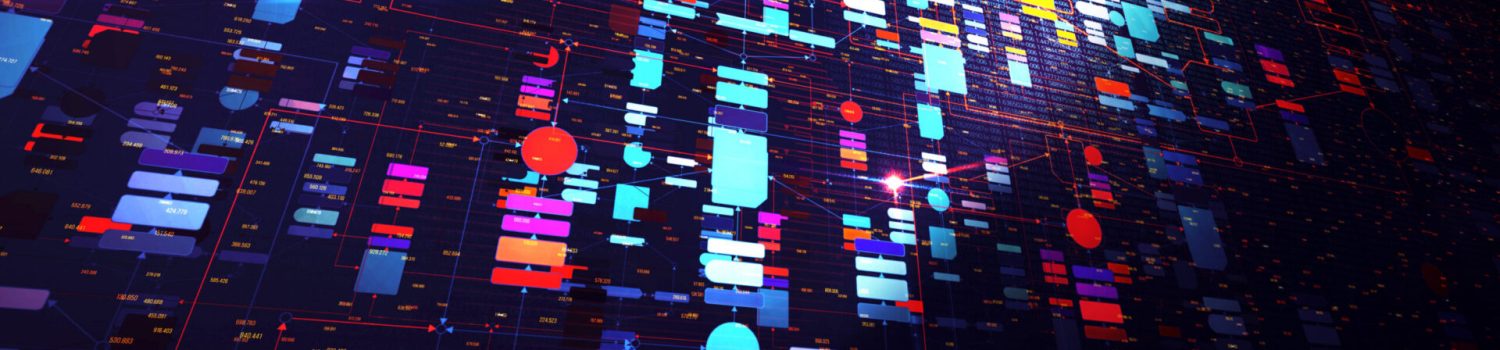 Abstract digital data visualization with vibrant neon colors and geometric shapes.