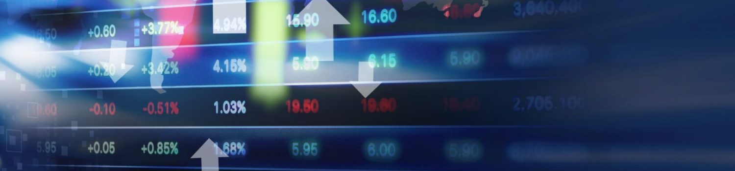 Global stock market data screen with arrows