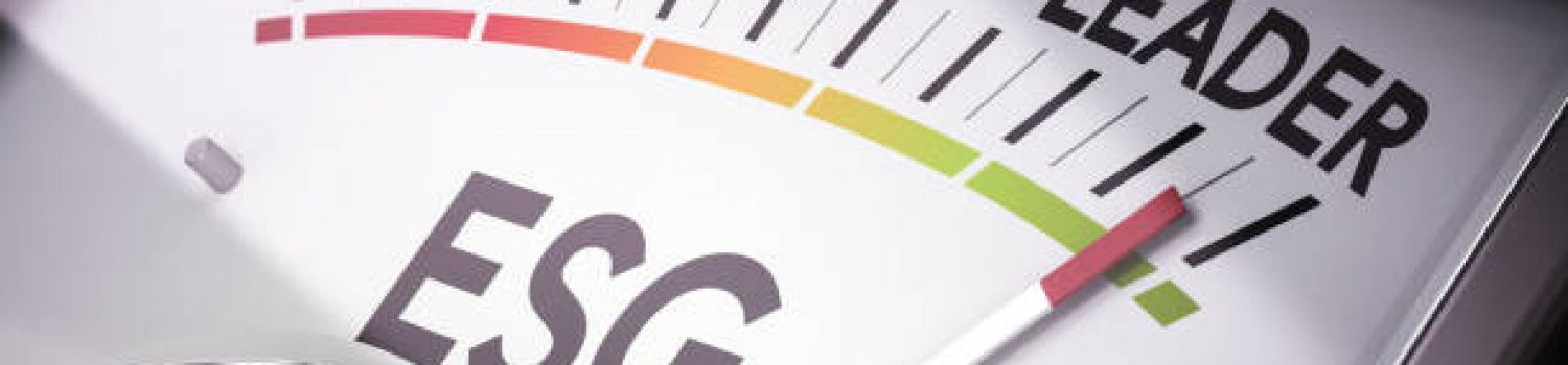 Close up of a dial for ESG Rating, Environmental, Social and Corporate Governance score. 3D illustration.