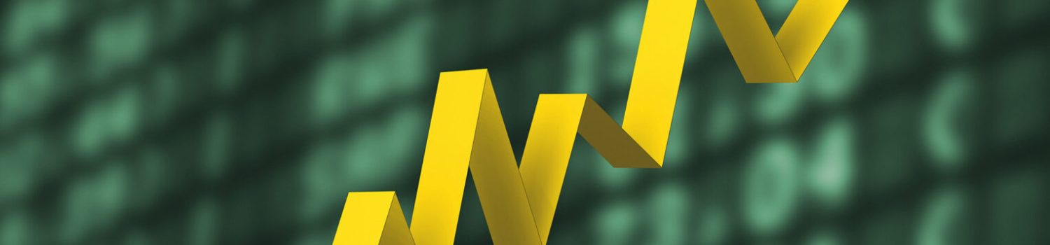 Yellow upward zigzag arrow on green background