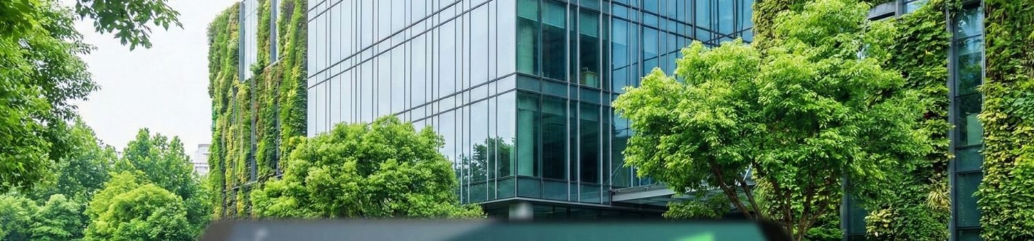 Modern eco-friendly office building with financial growth charts on a tablet screen.
