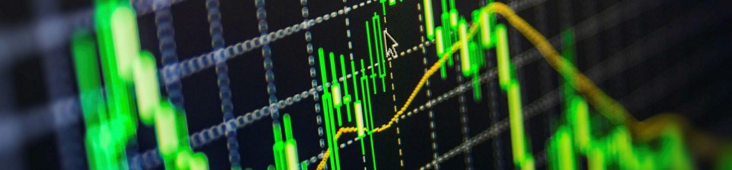 Green candlestick stock chart with moving average