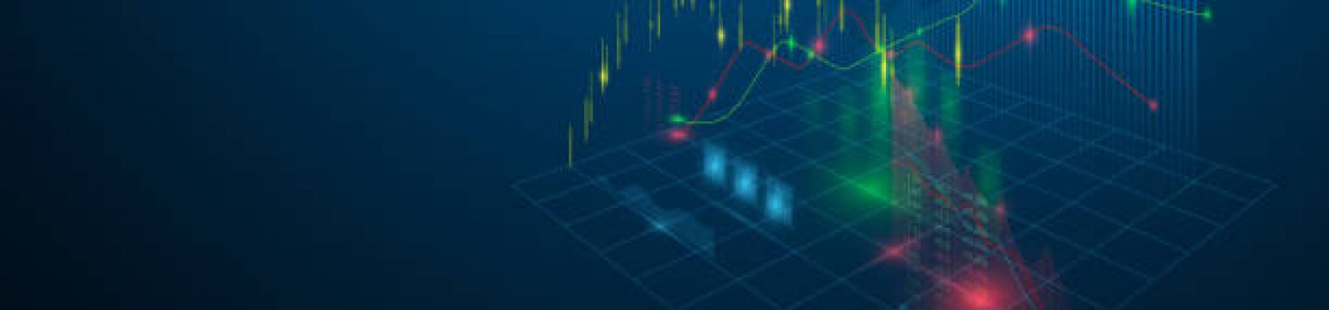 Stock market virtual hologram of statistics, graph and chart on dark blue background