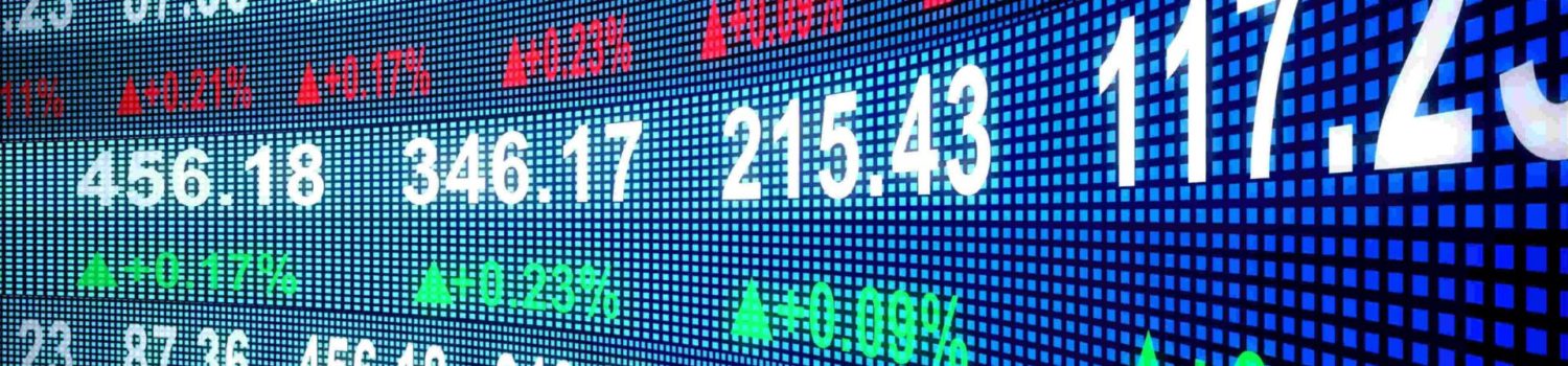 Stock market digital ticker with numbers and percentages