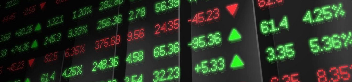 Stock market ticker with green and red numbers