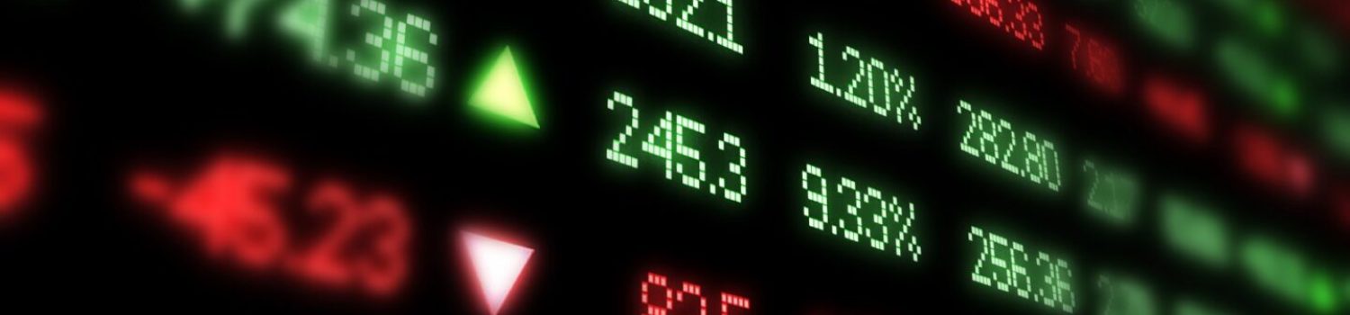Digital stock ticker with green and red numbers