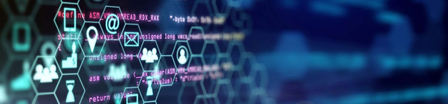 Digital network icons and code on blue background