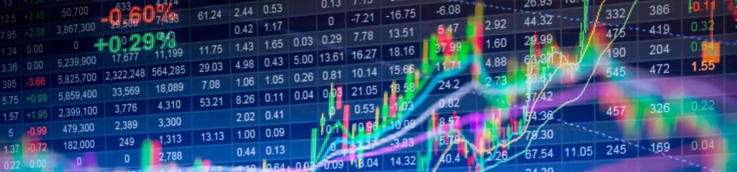 Stock market ticker with colorful candlestick charts