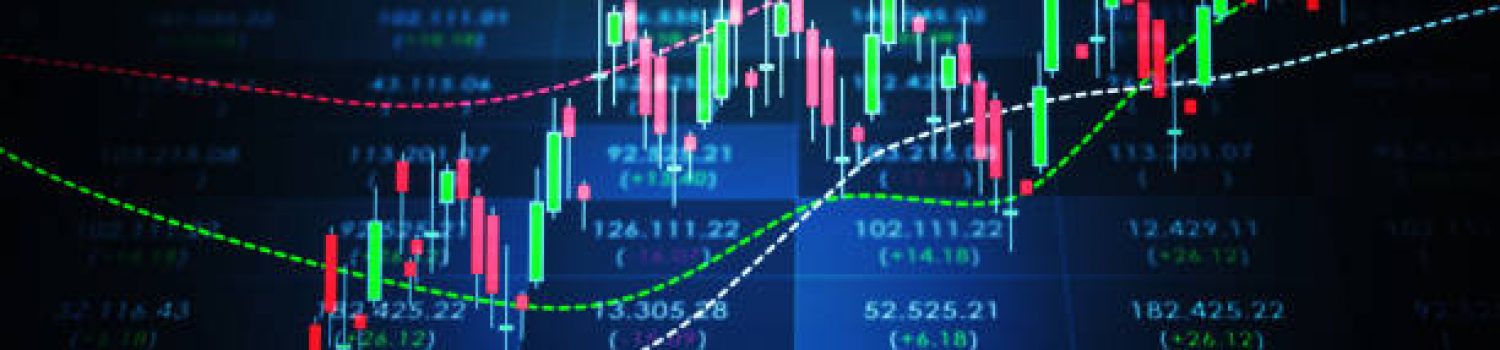 Stock and financial exchange graph over a trading board screen. Selective focus. Horizontal composition with copy space. Low angle view.