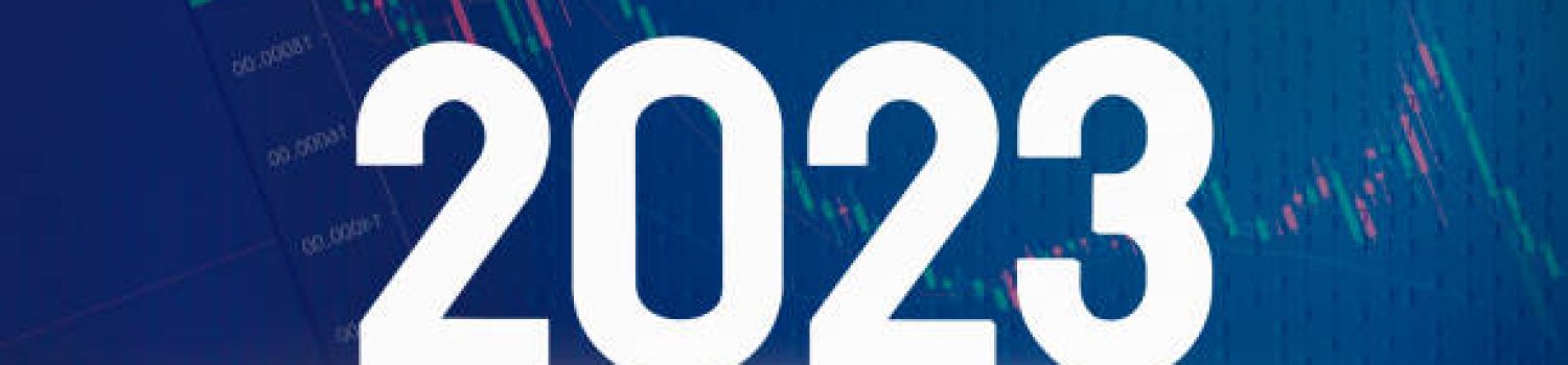 Large white numbers displaying 2023 with a financial chart background.