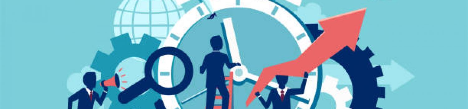 Vector of businesspeople company team working around alarm clock rings on blue background. Time management concept