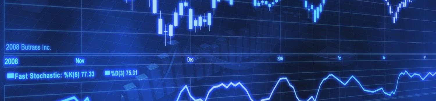 Blue financial stock chart with candlesticks and volume