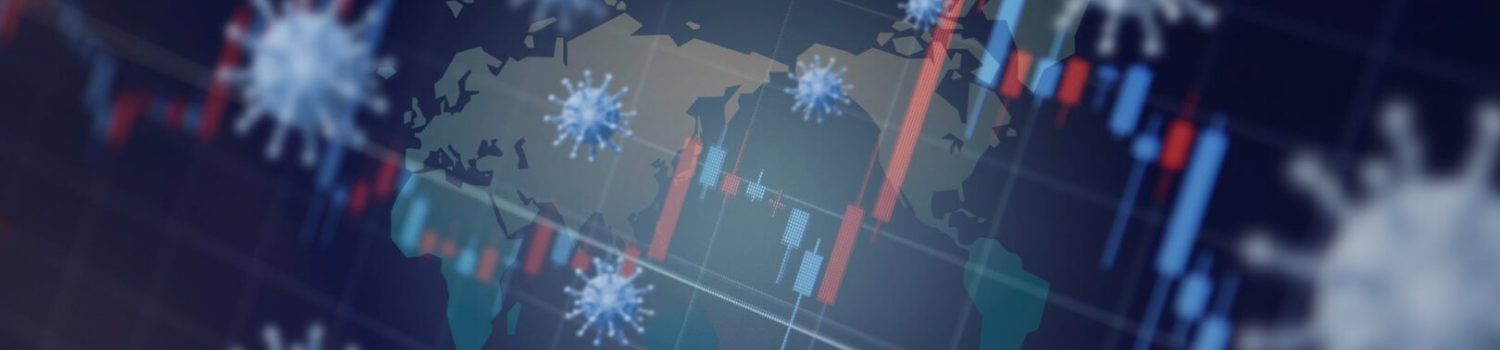 Virus icons over world map and stock charts