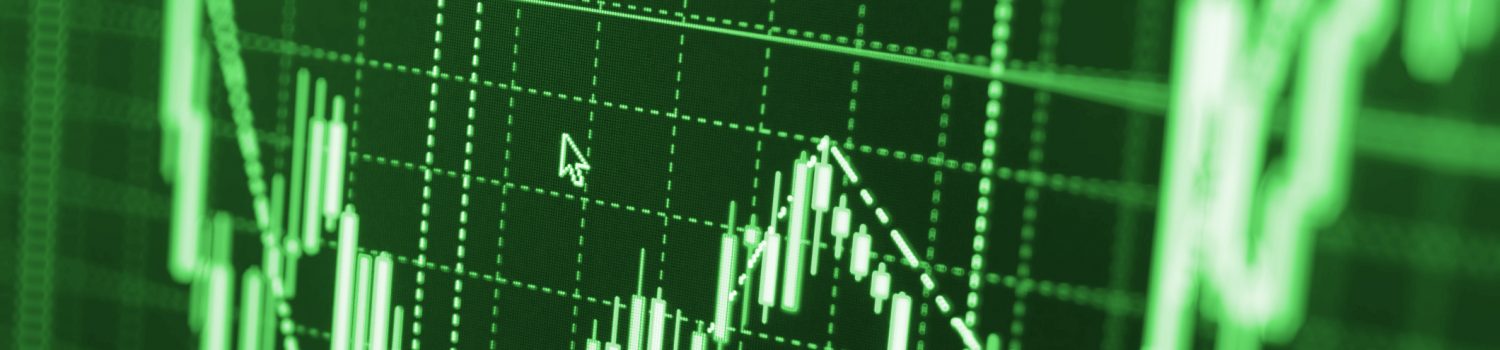 Stock market graph and bar chart price display. Data on live computer screen. Display of quotes pricing graph visualization. Abstract financial background trade colorful Stock exchange trade chart bar candles macro close-up. Shallow depth of field effect. Screen shows stock price rates live. Stock market quotes diagram on monitor.